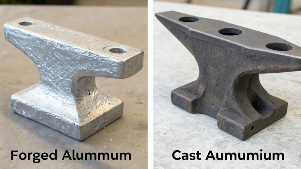A solid, perfect forged part is shown breaking a brittle, cracked cast part of the same shape.